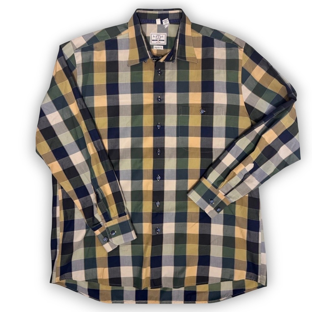 Haupt Germany Mens XL Gingham Plaid Button Down Long‎ Sleeve Shirt Green Yellow